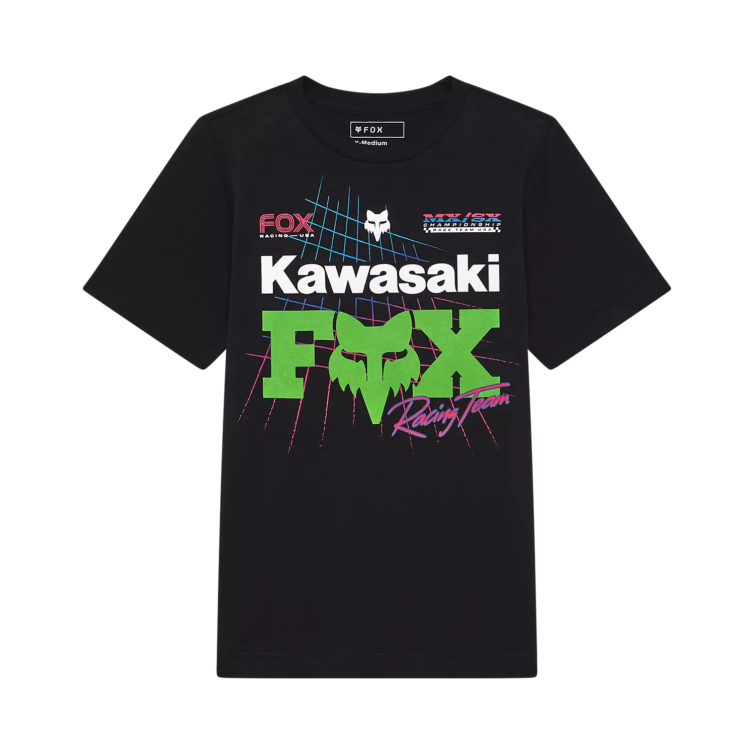 T-Shirt - Fox noir en coton peigné avec logo Kawasaki et motifs verts et roses, style garçon, vue de face.