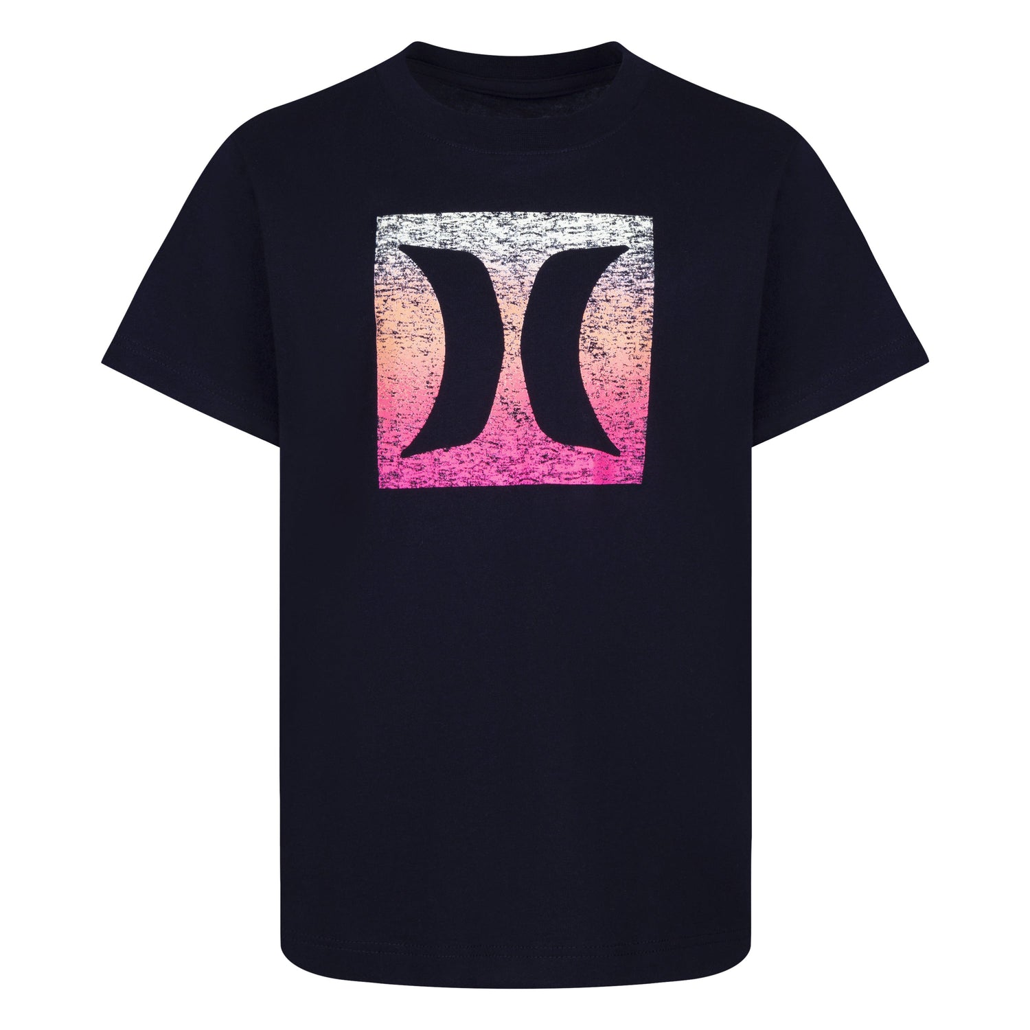 T-Shirt - Hurley noir avec logo carré dégradé orange et rose, tissu jersey coton, pour garçon, vue de face.