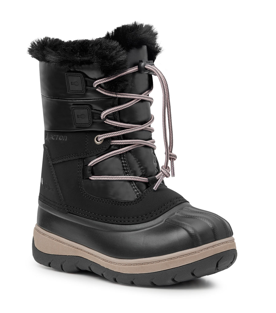 Bottes d'hiver Lolly - Acton noires à lacets, col doublé de fourrure et semelle beige, vue de face