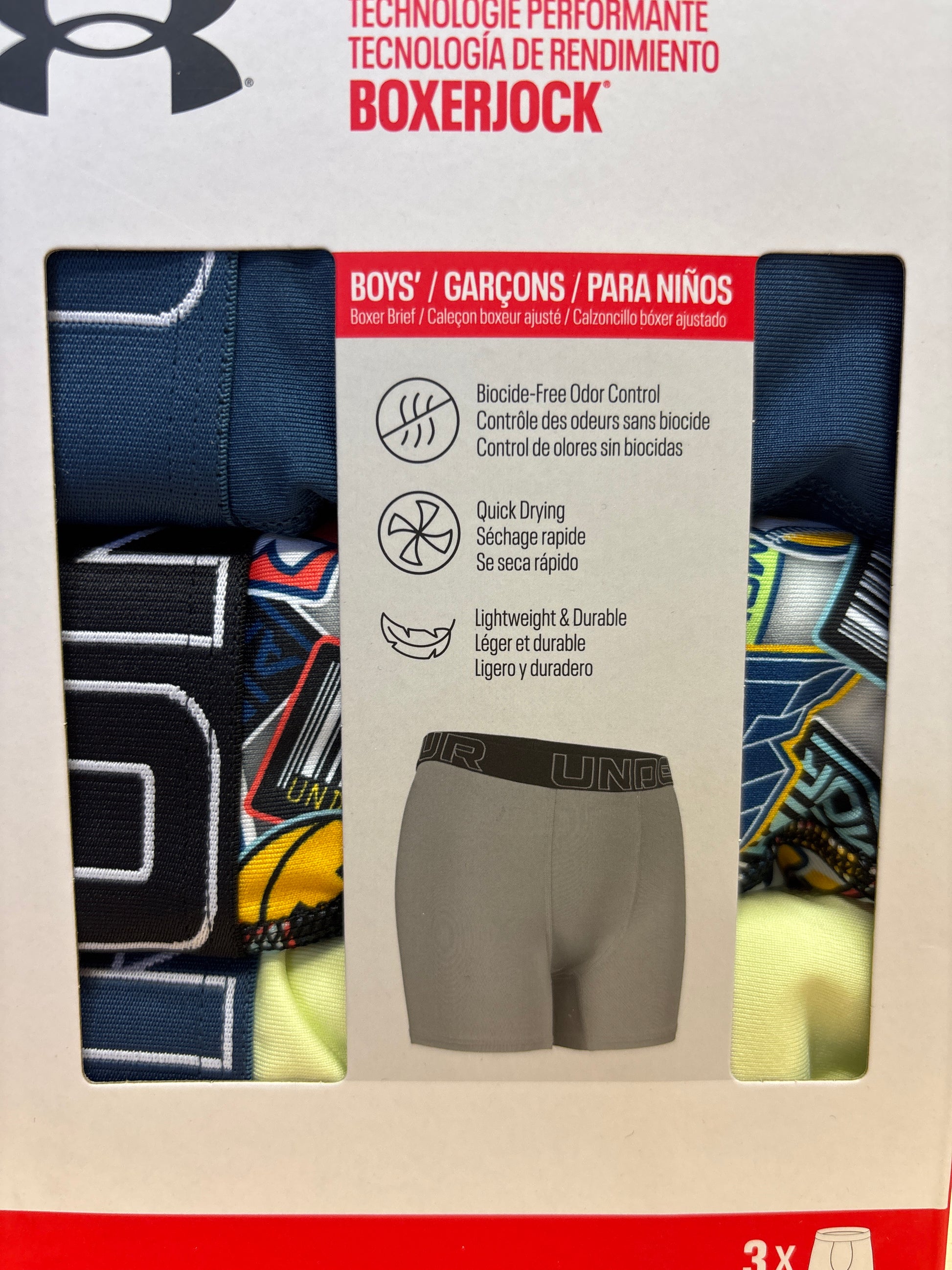 3 Paires de boxers - Under Armour pour garçons, motifs colorés, taille ajustée, matières légères, vue détaillée emballage portrait.