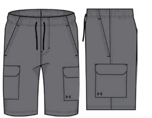 Short Cargo - Under Armour gris en polyester et spandex, style cargo avec cordons, vue de face et de côté, homme adulte.