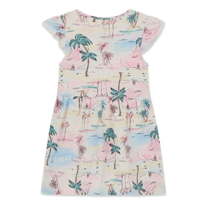 Robe - Guess enfant en coton avec manches courtes, imprimé tropical pastel rose bleu vert, vue de dos.