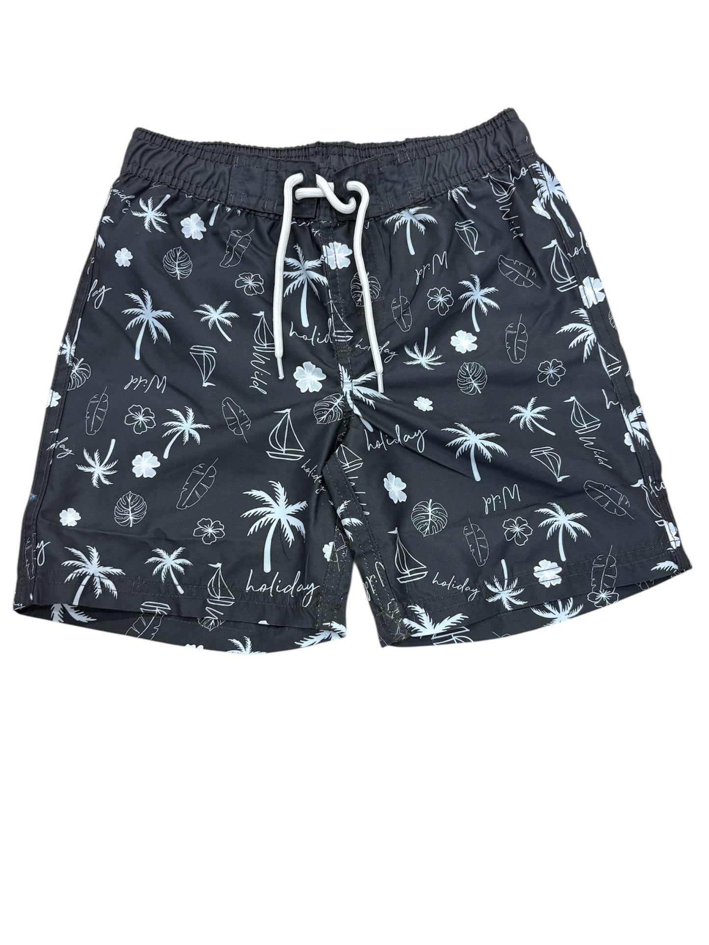 Maillot de bain - Northcoast short noir avec motifs blancs de palmiers et bateaux, taille élastique, vue de face.