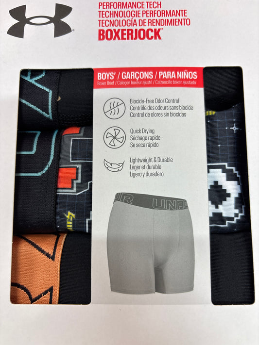3 Paires de boxers - Under Armour pour garçons, multicolores avec motifs variés, emballage vue de face en portrait 3024x4032