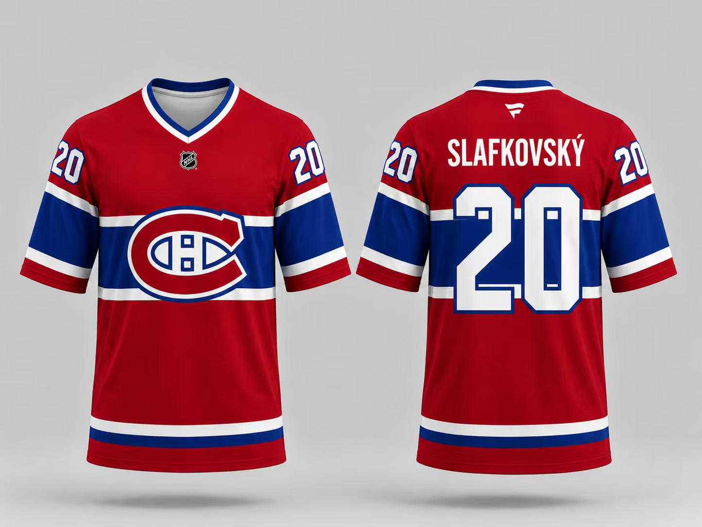 Jersey manches courtes - Slafkovsky rouge et bleu avec détails blancs, motif numéro 20 et nom Slafkovský, style sport, vue de face et dos.