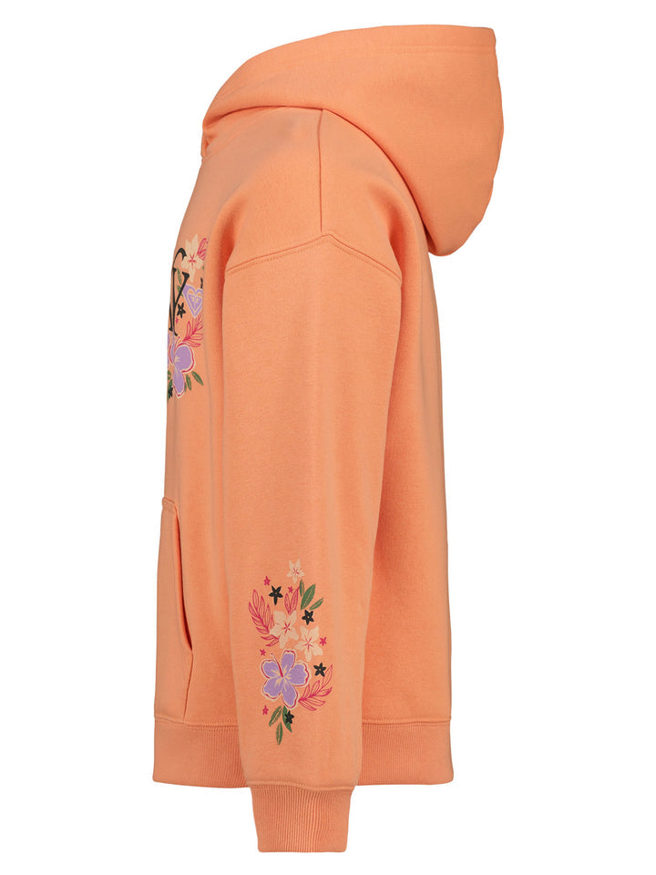 Hoodie - Roxy orange à capuche, orné de motifs floraux colorés sur les manches, vue de profil
