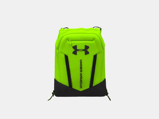 Sac à cordons UA Hustle - Under Armour en vert fluo et noir, en polyester résistant, vue de face sur fond blanc.