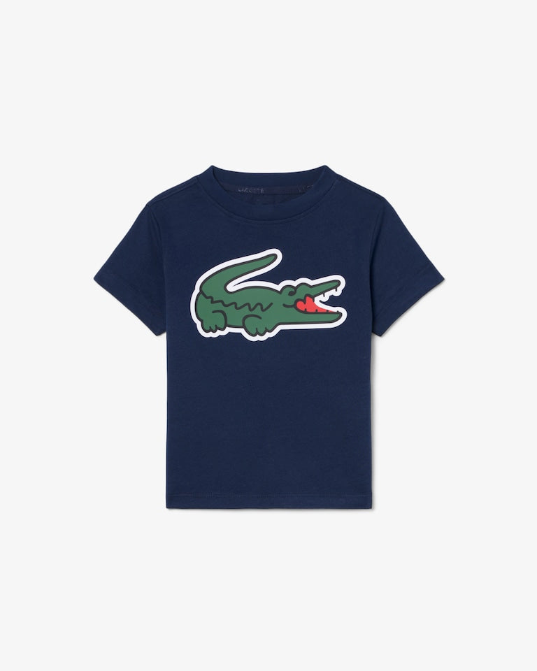 T-Shirt - Lacoste bleu marine en coton avec logo crocodile vert et rouge, pour enfant, vue de face.