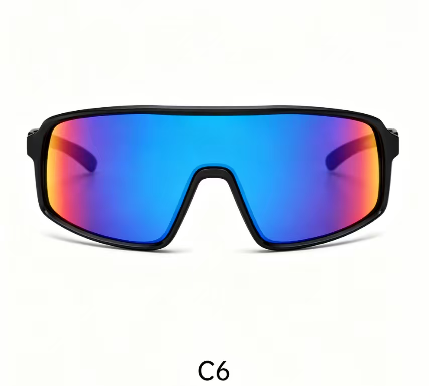 Lunettes de soleil - Kids avec monture noire et verres miroir dégradé bleu, orange et rose, style sport, vue de face.