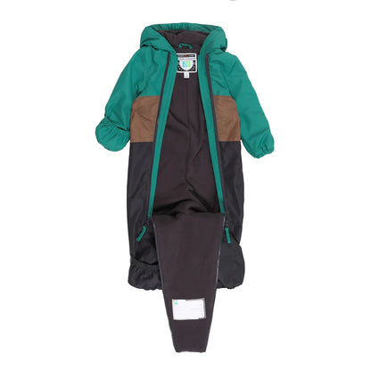 Combinaison de pluie - Nanö verte, marron et noire, imperméable, pour bébé, vue de face avec fermeture ouverte.