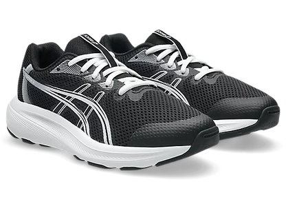 Espadriles Contend 10 GS - Asics, paire de chaussures enfant noires avec détails blancs, mesh respirant, vue de face en angle.
