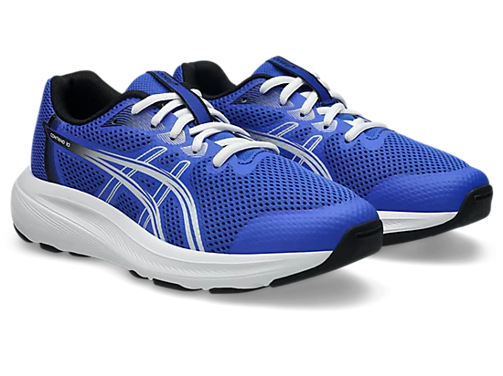 Espadriles Contend 10 GS - Asics, chaussures enfant bleu royal en maille respirante avec détails blancs, vue de trois quarts avant.