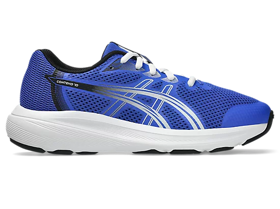 Espadriles Contend 10 GS - Asics bleu électrique avec détails argentés et blancs, chaussure enfant en maille respirante, vue de profil droit.