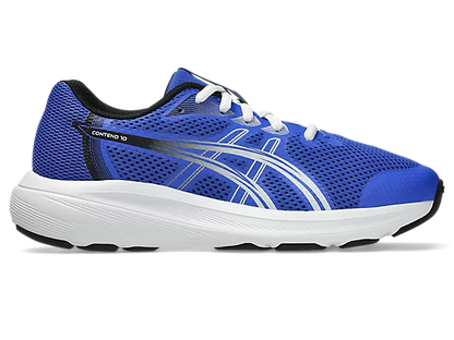 Espadriles Contend 10 GS - Asics bleu électrique avec détails argentés et blancs, chaussure enfant en maille respirante, vue de profil droit.