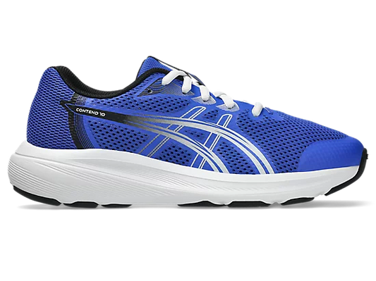 Espadriles Contend 10 GS - Asics bleu électrique avec détails argentés et blancs, chaussure enfant en maille respirante, vue de profil droit.