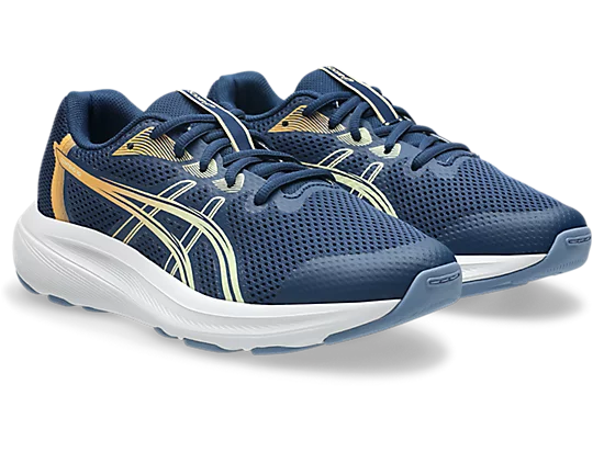 Espadriles Contend 10 GS - Asics en mesh bleu marine avec détails beige et blanc, chaussures de sport légères pour enfant, vue de trois quarts.