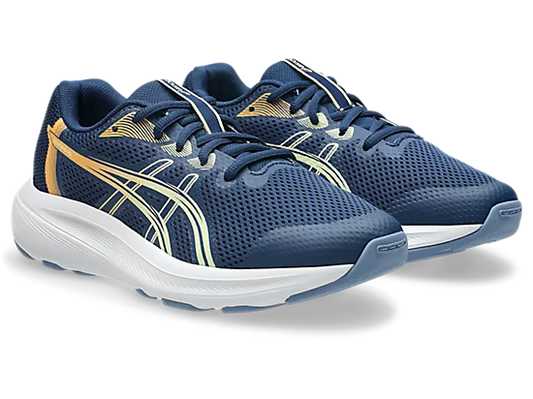 Espadriles Contend 10 GS - Asics en mesh bleu marine avec détails beige et blanc, chaussures de sport légères pour enfant, vue de trois quarts.