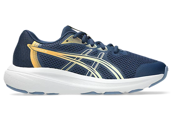 Espadriles Contend 10 GS - Asics bleu marine avec détails dorés, chaussure de sport enfant en mesh respirant, vue de profil droit.