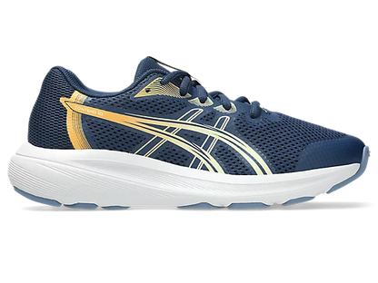 Espadriles Contend 10 GS - Asics bleu marine avec détails dorés, chaussure de sport enfant en mesh respirant, vue de profil droit.