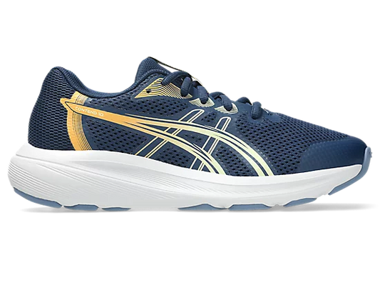Espadriles Contend 10 GS - Asics bleu marine avec détails dorés, chaussure de sport enfant en mesh respirant, vue de profil droit.