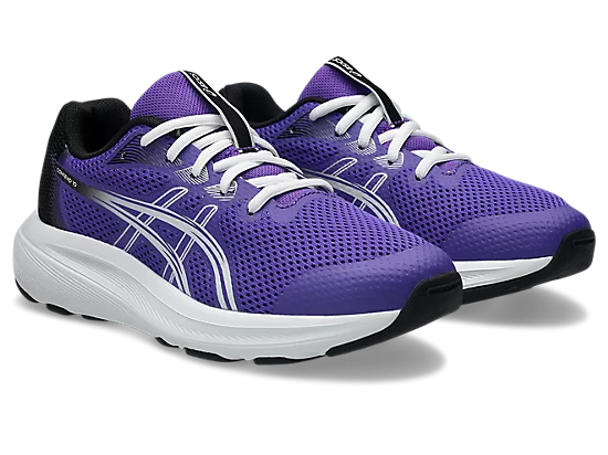 Espadriles Contend 10 GS - Asics pour enfant, baskets violettes en mesh avec détails blancs et semelle blanche, vue de trois-quarts.