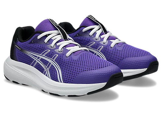 Espadriles Contend 10 GS - Asics pour enfant, baskets violettes en mesh avec détails blancs et semelle blanche, vue de trois-quarts.