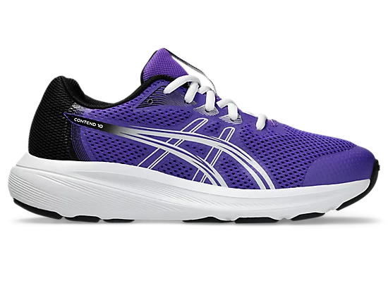 Espadriles Contend 10 GS - Asics, chaussure de sport pour enfant garçon, mesh violet avec détails blancs et noir, vue latérale.