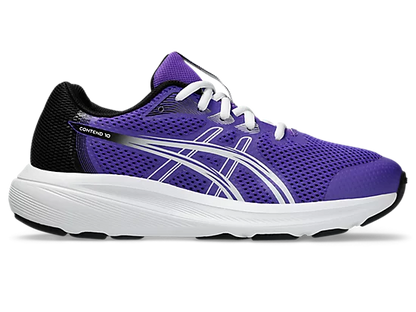Espadriles Contend 10 GS - Asics, chaussure de sport pour enfant garçon, mesh violet avec détails blancs et noir, vue latérale.
