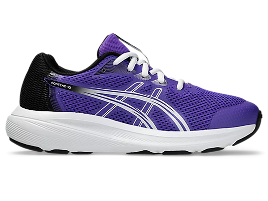 Espadriles Contend 10 GS - Asics, chaussure de sport pour enfant garçon, mesh violet avec détails blancs et noir, vue latérale.