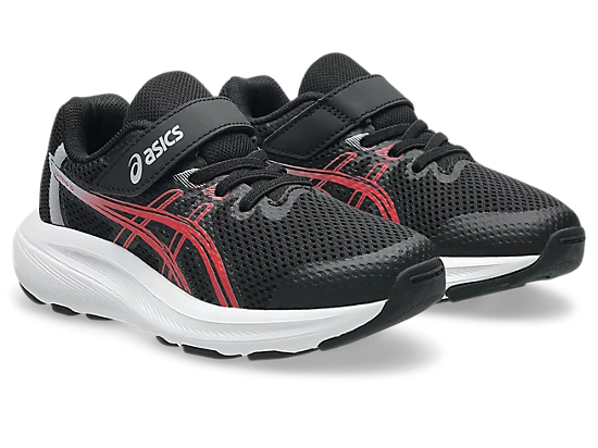 Espadrilles Contend 10 Gs - Asics noires et rouges en mesh respirant avec semelle blanche, modèle enfant, vue de trois quarts côté droit.