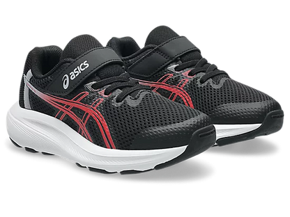 Espadrilles Contend 10 PS - Asics noires avec détails rouges et semelle blanche, en mesh respirant, chaussures enfant vue de trois quarts.