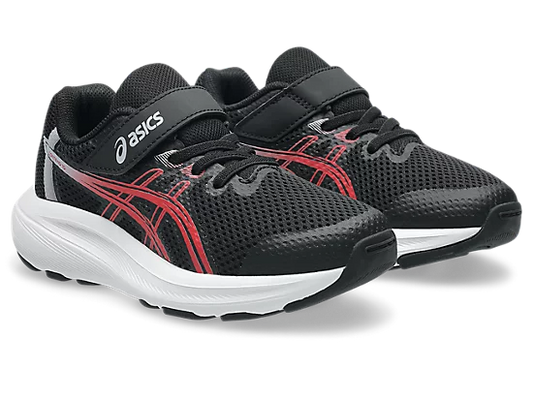 Espadrilles Contend 10 PS - Asics noires avec détails rouges et semelle blanche, en mesh respirant, chaussures enfant vue de trois quarts.