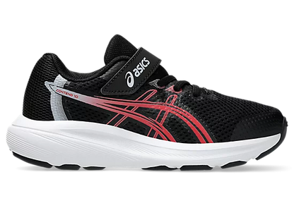 Espadrilles Contend 10 Gs - Asics noires et rouges avec semelle blanche, mesh respirant, style sportif pour enfant, vue de profil droit.