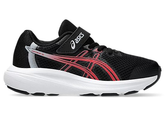Espadrilles Contend 10 PS - Asics pour enfant garçon, noir avec détails rouges et blancs, tissu mesh respirant, vue de profil côté extérieur.