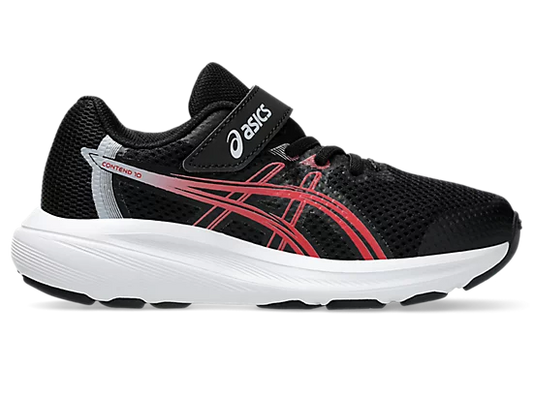 Espadrilles Contend 10 PS - Asics pour enfant garçon, noir avec détails rouges et blancs, tissu mesh respirant, vue de profil côté extérieur.