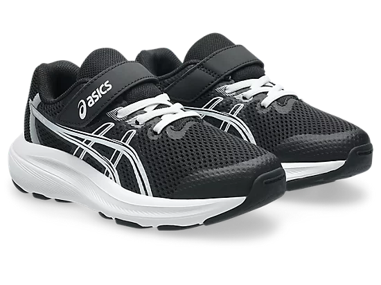 Espadrilles Contend 10 PS - Asics noires et blanches pour enfant, en mesh respirant, vue de trois quarts face.