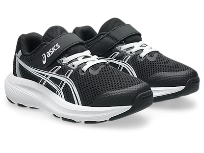 Espadrilles Contend 10 PS - Asics noires et blanches pour enfant, en mesh respirant, vue de trois quarts face.