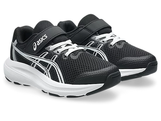 Espadrilles Contend 10 PS - Asics noires et blanches pour enfant, en mesh respirant, vue de trois quarts face.