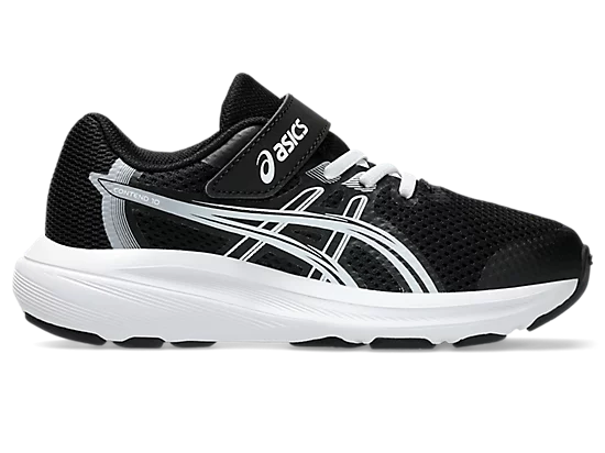 Espadrilles Contend 10 PS - Asics noires et blanches pour enfant, en mesh respirant avec fermeture auto-agrippante, vue de profil.