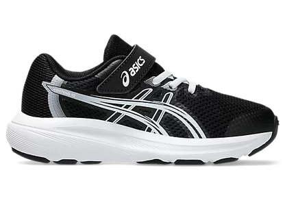 Espadrilles Contend 10 PS - Asics noires et blanches pour enfant, en mesh respirant avec fermeture auto-agrippante, vue de profil.