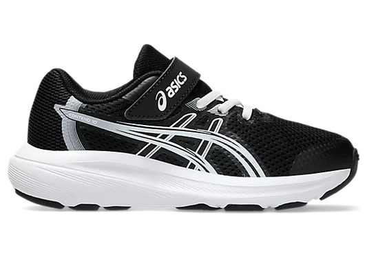 Espadrilles Contend 10 PS - Asics noires et blanches pour enfant, en mesh respirant avec fermeture auto-agrippante, vue de profil.