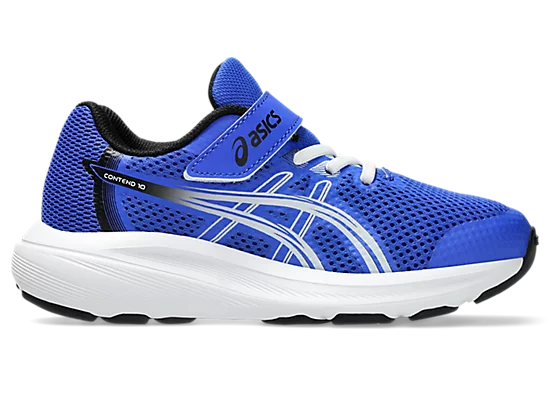 Espadrilles Contend 10 PS - Asics bleu roi et blanc en maille respirante, style sportif pour enfant, vue de profil côté latéral.