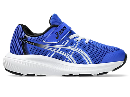 Espadrilles Contend 10 PS - Asics bleu roi et blanc en maille respirante, style sportif pour enfant, vue de profil côté latéral.