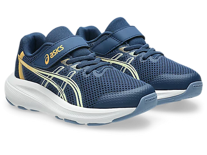 Espadrilles Contend 10 PS - Asics bleu marine avec détails jaunes, en mesh respirant, pour enfant, vue de trois quarts avant.
