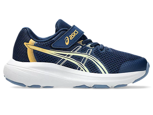 Espadrilles Contend 10 PS - Asics bleu marine et or, chaussures enfant en maille respirante, vue de profil côté intérieur.
