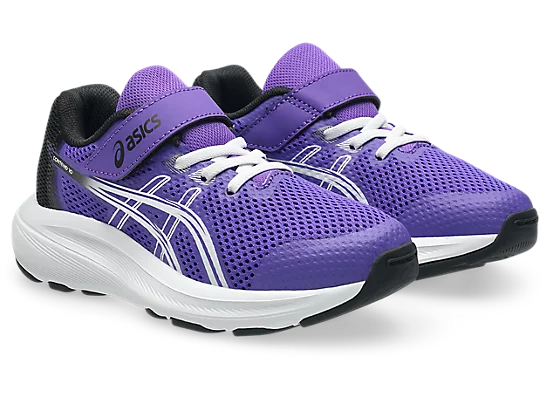 Espadrilles Contend 10 PS - Asics, chaussures de sport violettes avec détails blancs et noir, tissu respirant mesh, pour enfant, vue de côté oblique.