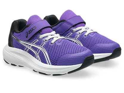 Espadrilles Contend 10 PS - Asics, chaussures de sport violettes avec détails blancs et noir, tissu respirant mesh, pour enfant, vue de côté oblique.