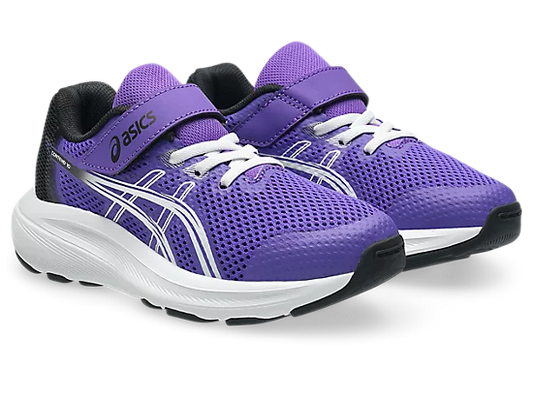 Espadrilles Contend 10 PS - Asics, chaussures de sport violettes avec détails blancs et noir, tissu respirant mesh, pour enfant, vue de côté oblique.