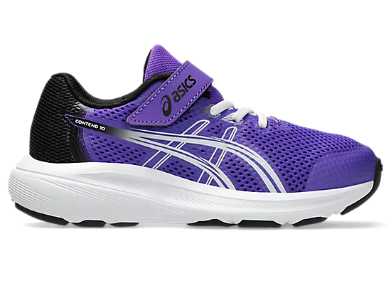 Espadrilles Contend 10 PS - Asics violet et noir en mesh respirant avec semelle blanche, modèle pour enfant, vue de profil de côté droit.