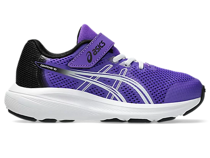 Espadrilles Contend 10 PS - Asics violet et noir en mesh respirant avec semelle blanche, modèle pour enfant, vue de profil de côté droit.